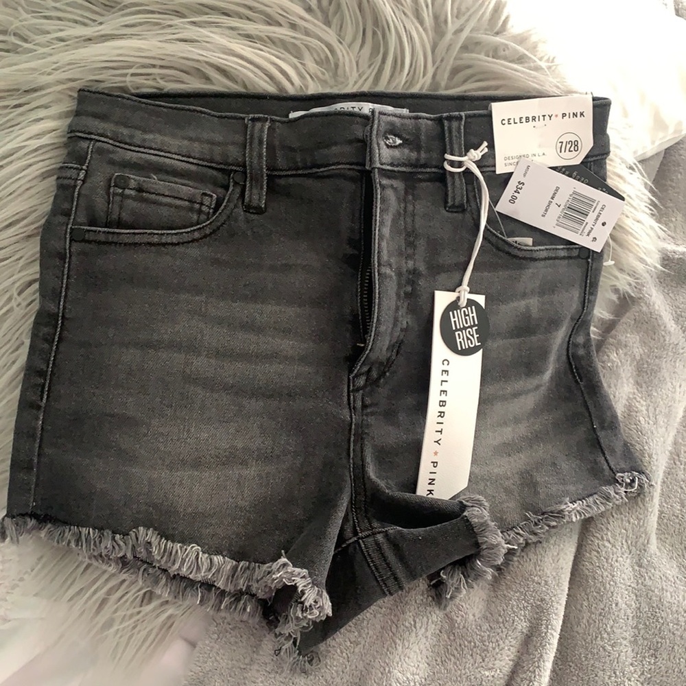 Celebrity Pink Black denim washed fringed shorts